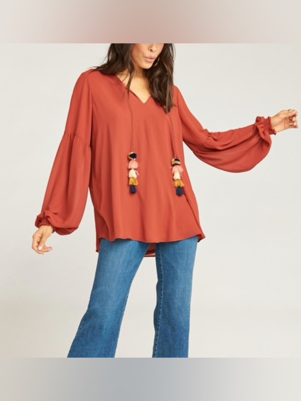 Show Me Your MuMu - Jelina Tassel Long Sleeve V Neck Boho Blouse Size Small